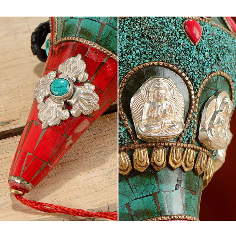 Tibetan Handmade Shankha Om Mani Padme Hum Buddha Avalokitesvara Turquoise Conch Shell Positive Decoration - Image 10
