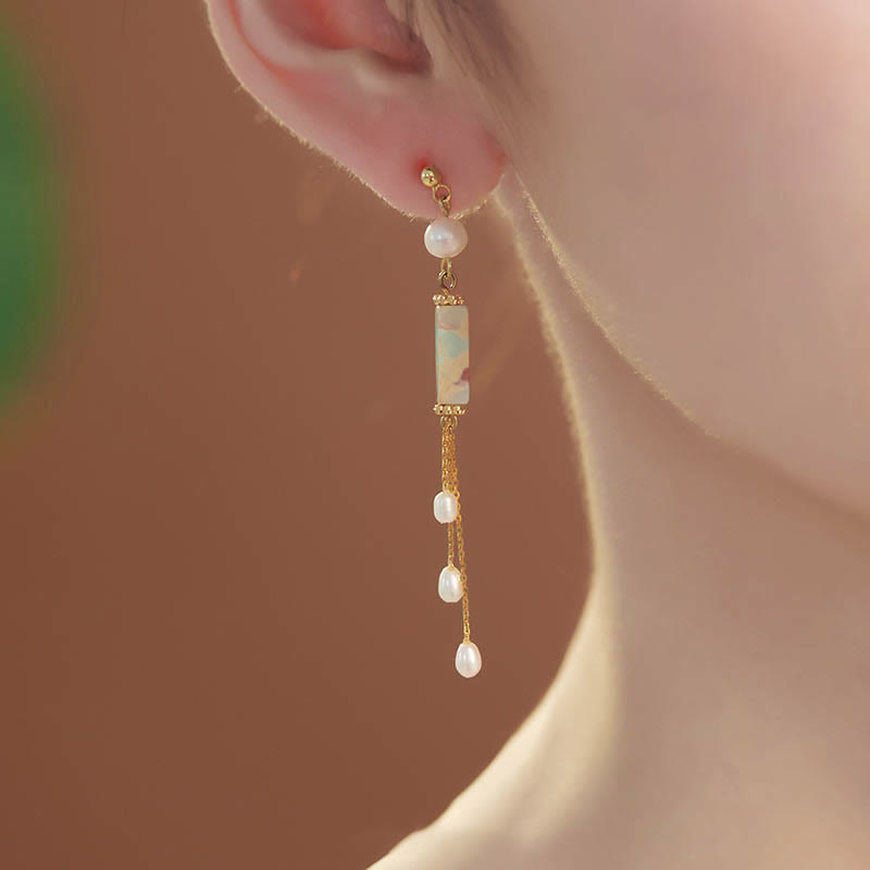 925 Sterling Silver Posts Shoushan Stone Pearl Healing Drop Earrings - Image 3