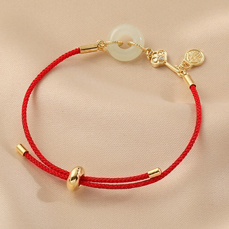 18K Gold Plated Hetian Jade Peace Buckle Fu Character Luck Red Rope Bracelet - Image 8