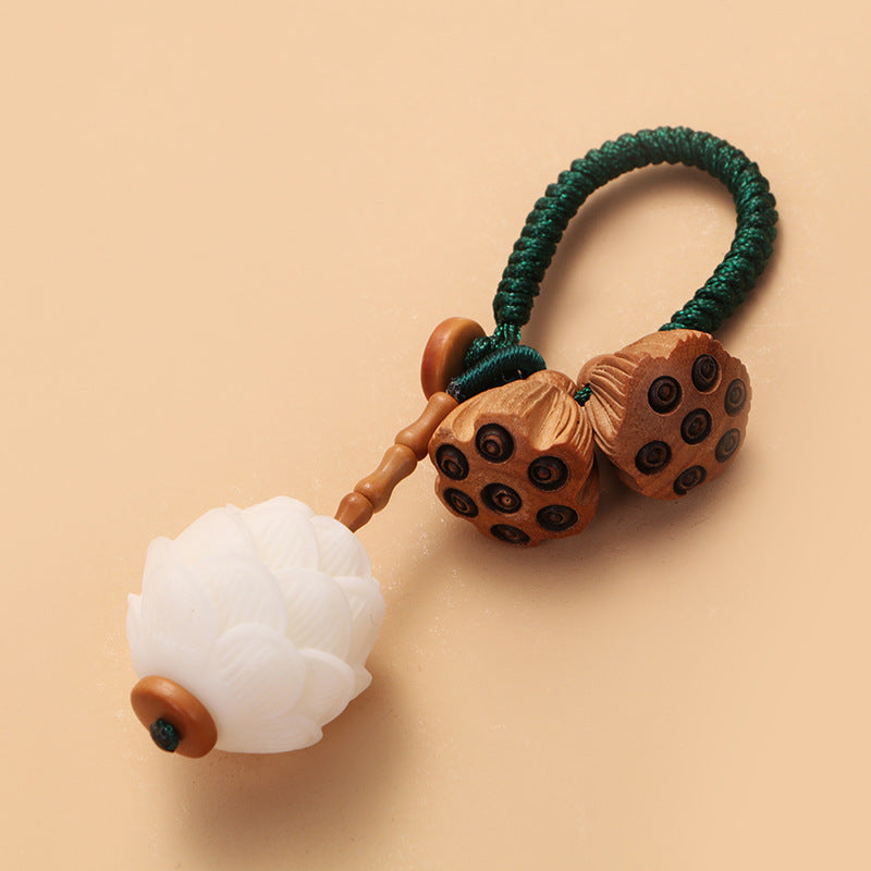 Lotus Natural White Bodhi Seed Peach Wood Luck Keychain Decoration - Image 3