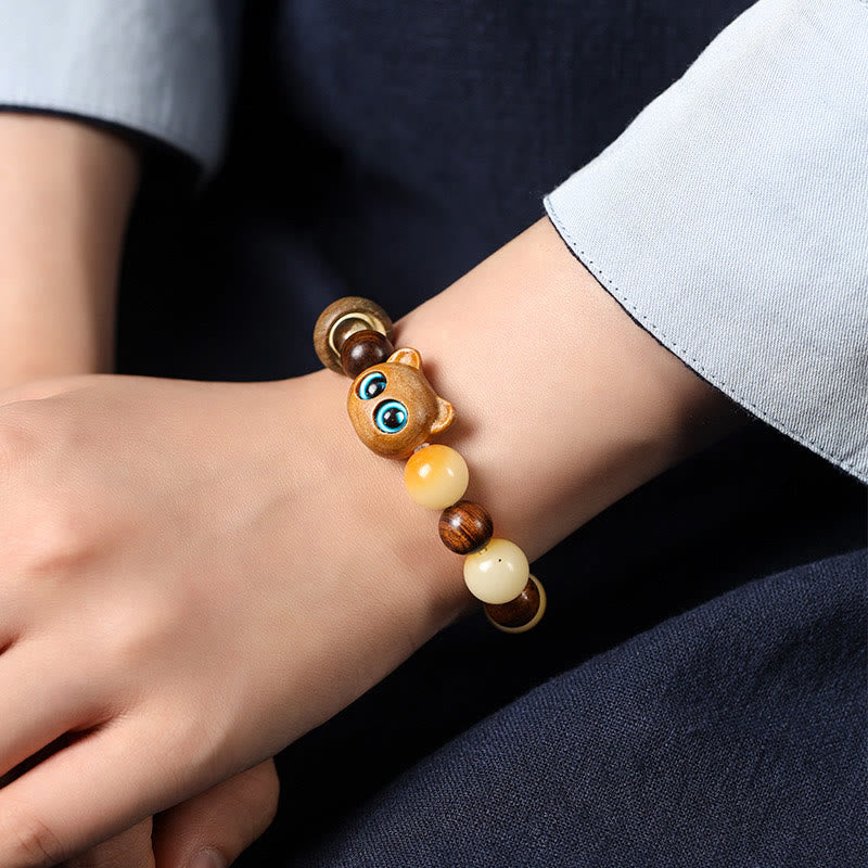 Natural Bodhi Seed Sandalwood Lucky Cute Cat Head Paw Claw Peace Bracelet - Image 8