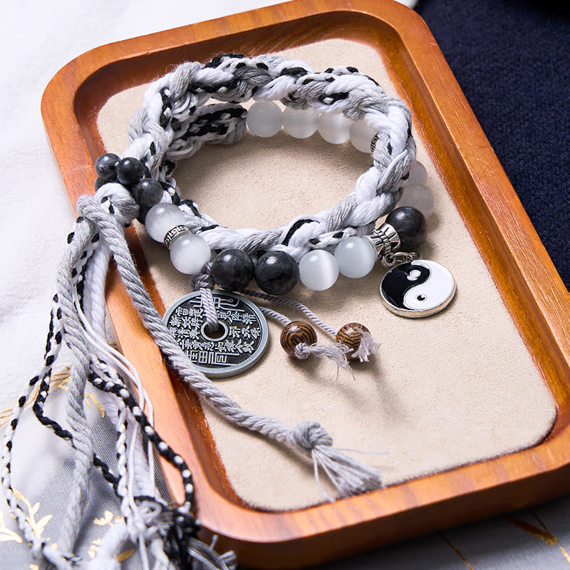 Black Glitter Stone Cat's Eye Yin Yang Mountain Ghosts Spend Money Power Double Layer Rope Bracelet - Image 4