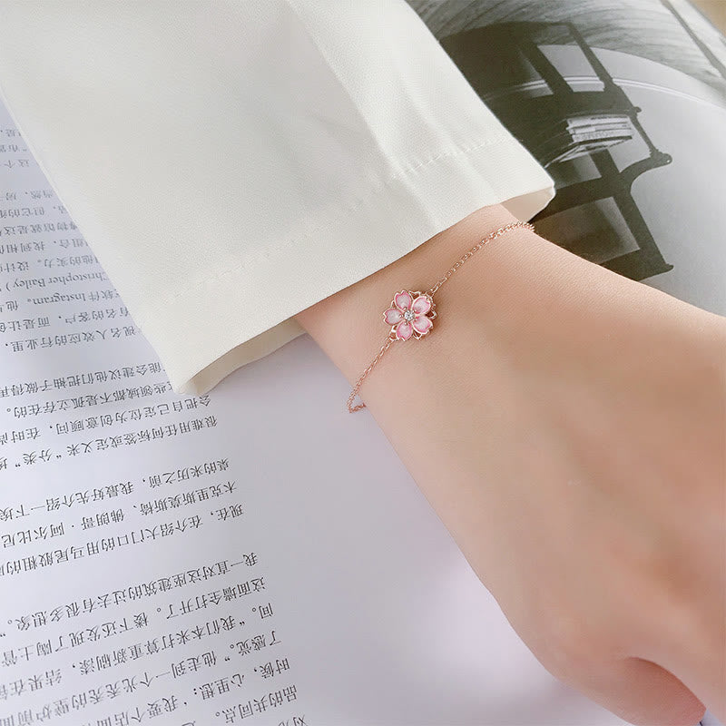 925 Sterling Silver Cherry Blossom Blessing Chain Bracelet Rotatable Ring - Image 11