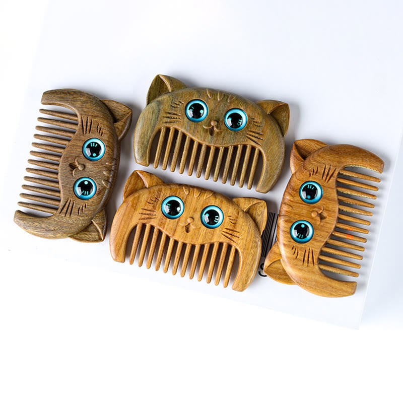 Simple Cat Pattern Green Sandalwood Cure Portable Comb - Image 8