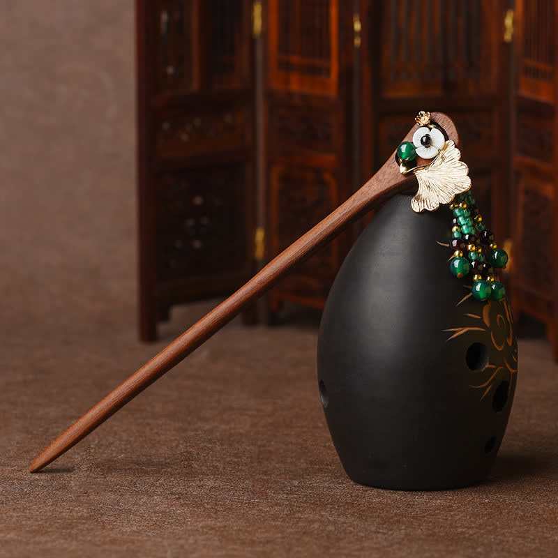 Red Sandalwood Green Agate Ginkgo Leaf Protection Hairpin - Image 5