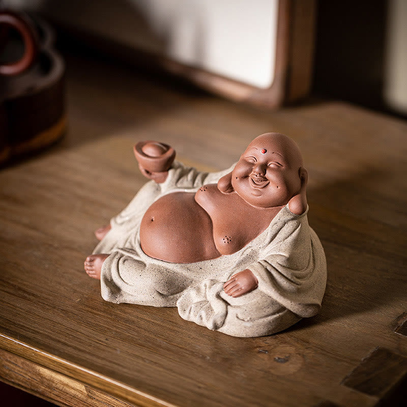 Laughing Buddha Ingots Attract Wealth Purple Clay Maitreya Statue Decoration