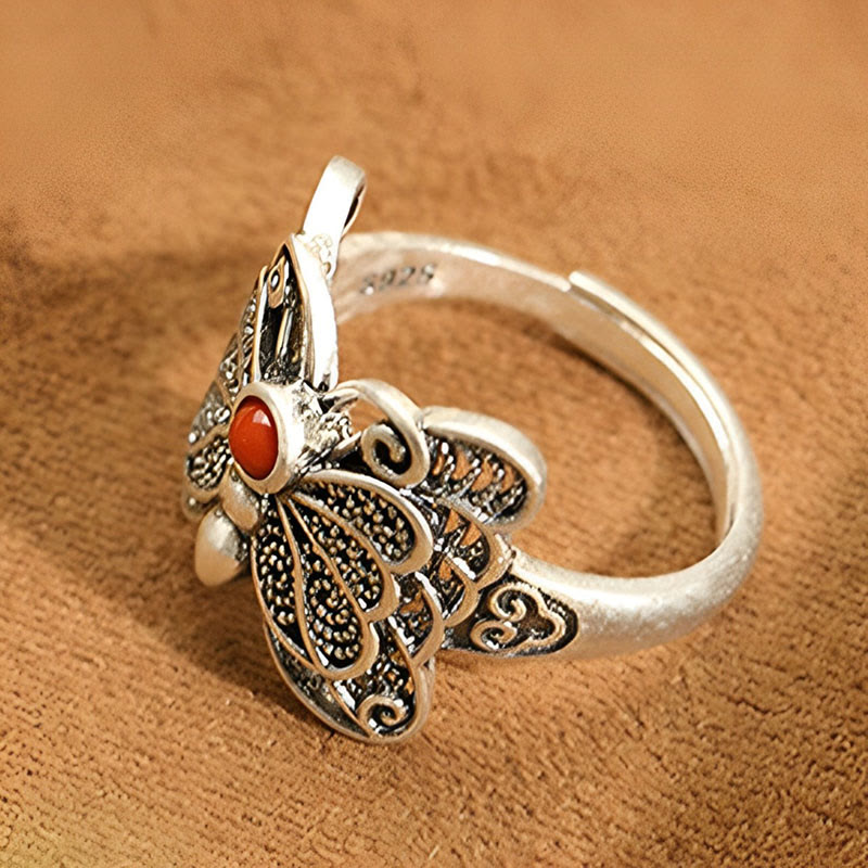 925 Sterling Silver Red Agate Butterfly Self-acceptance Ring Earrings Set - Image 5