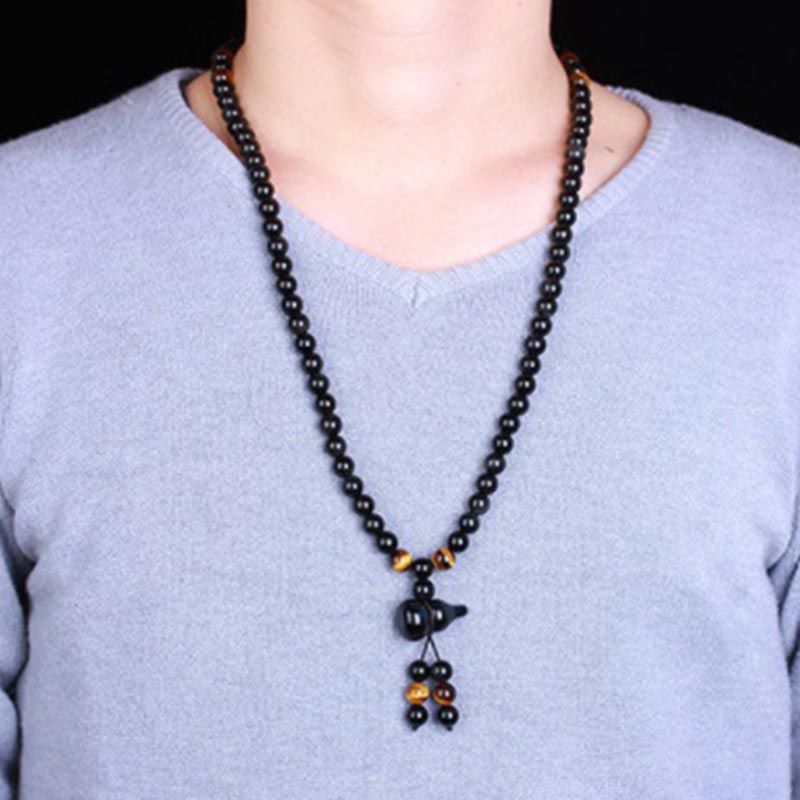 Natural Black Obsidian Rainbow Obsidian Gourd Blessing Bracelet Mala - Image 3