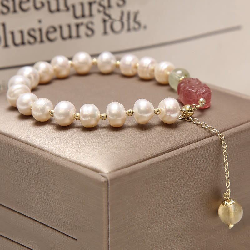 Natural Pearl Strawberry Quartz PiXiu Optimism Charm Bracelet - Image 5