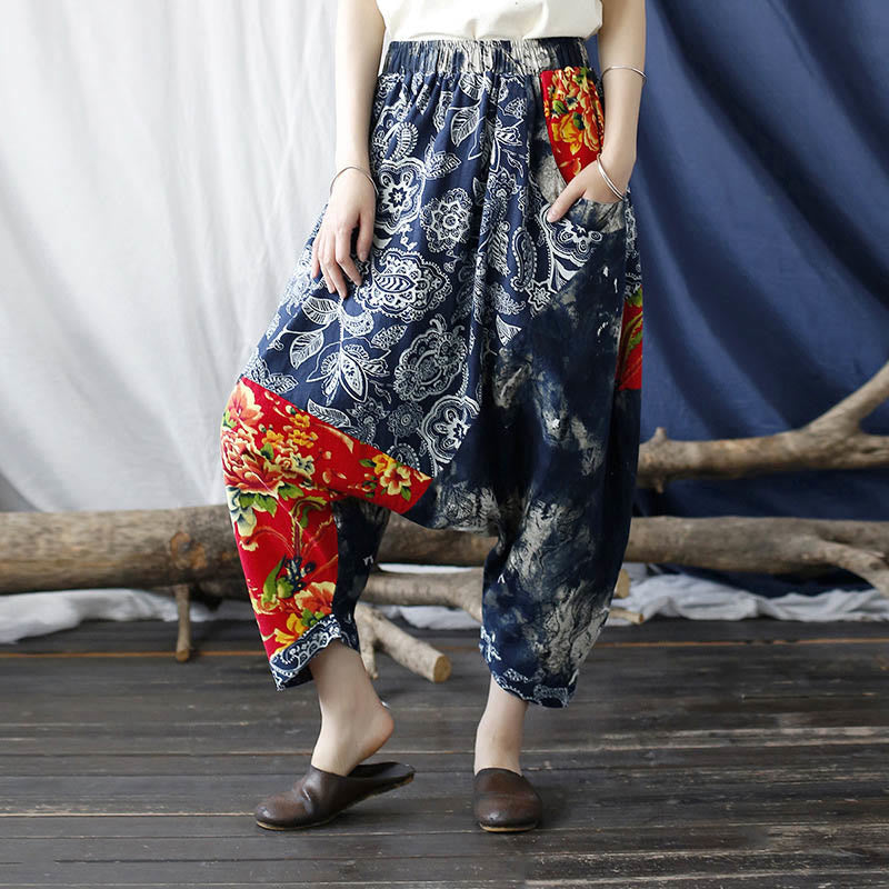 Blue Red Peony Flowers Patchwork Cotton Linen Harem Pants With Pockets - Image 5