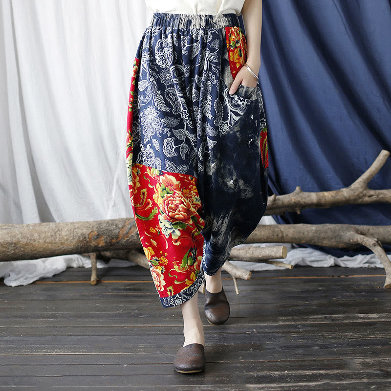 Blue Red Peony Flowers Patchwork Cotton Linen Harem Pants With Pockets - Image 6