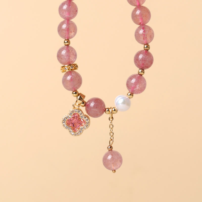 Strawberry Quartz Pearl Four Leaf Clover Charm Healing Bracelet - Image 4