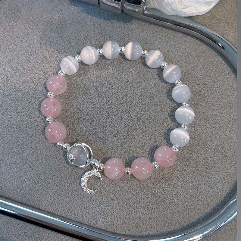 Natural Cat's Eye Pink Crystal Moon Love Charm Bracelet
