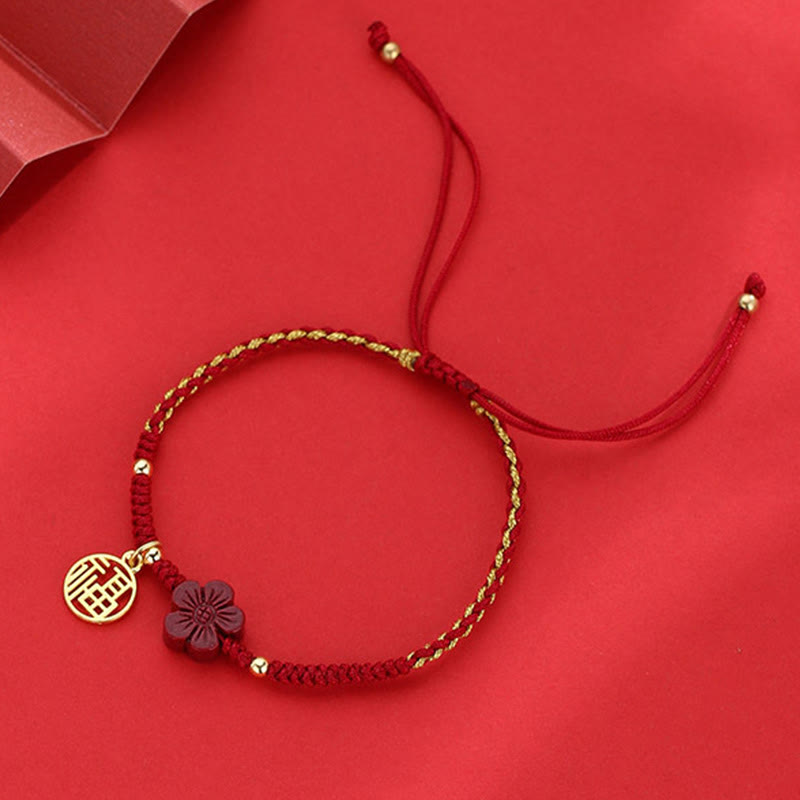 Cinnabar Flower Fu Character Blessing Braided String Bracelet - Image 7