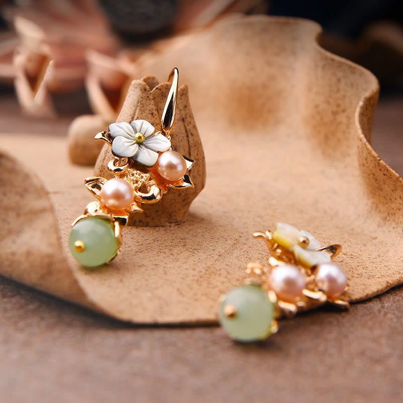 14K Gold Plated Tridacna Stone Flower Pearl Green Aventurine Bead Drop Earrings - Image 3