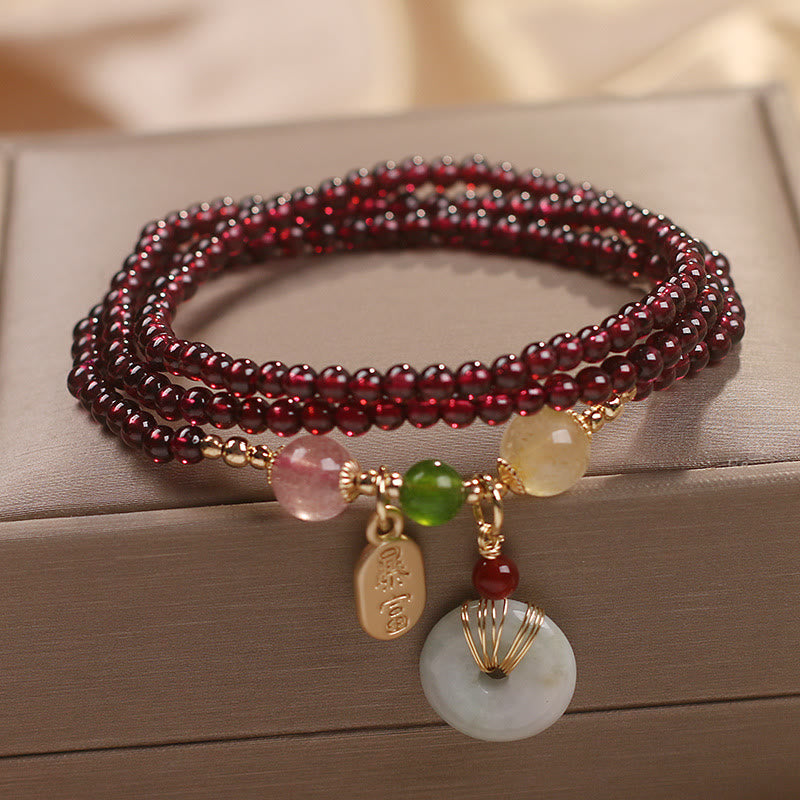 Natural Garnet Strawberry Quartz Crystal Fox Koi Fish Peace Buckle Fortune Protection Triple Wrap Bracelet - Image 14
