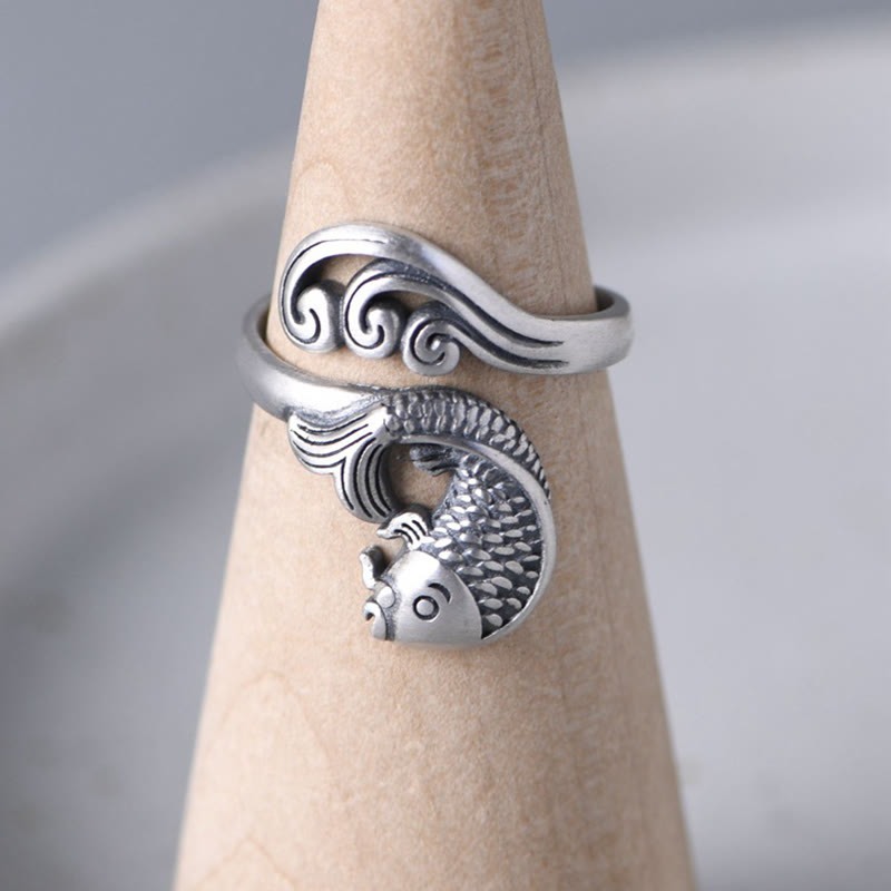 925 Sterling Silver Koi Fish Water Ripple Luck Wealth Ring - Image 11