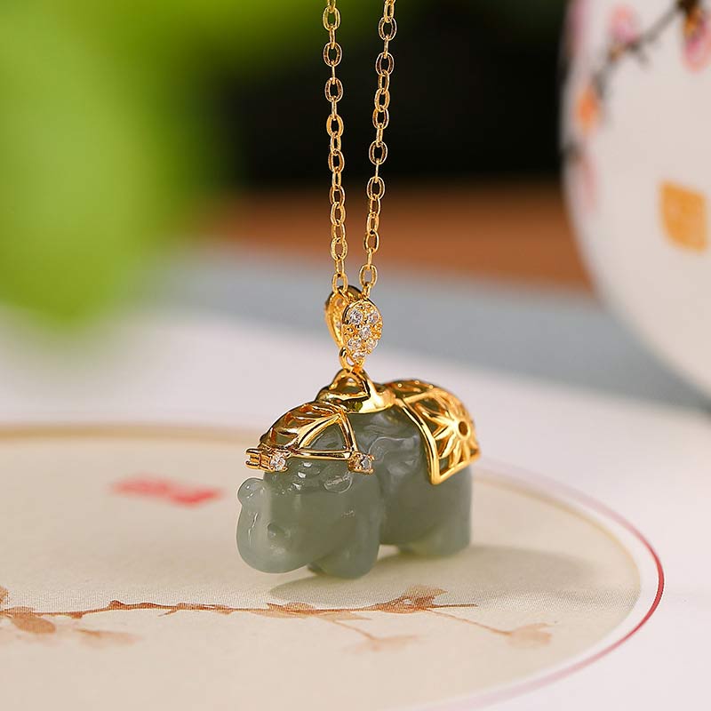 925 Sterling Silver Jade Elephant Blessing Fortune Necklace Chain Pendant