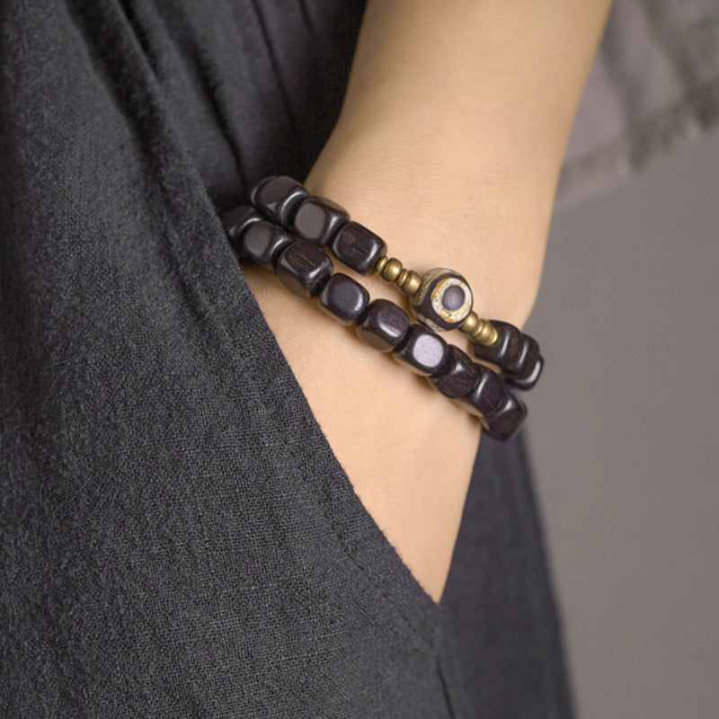 Ebony Wood Dzi Bead Copper Peace Couple Bracelet - Image 4