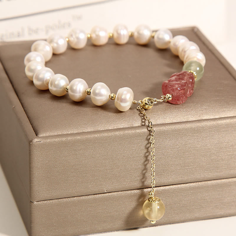 Natural Pearl Strawberry Quartz PiXiu Optimism Charm Bracelet - Image 4