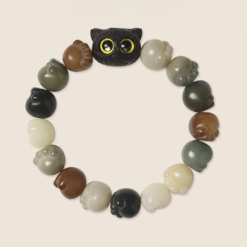 Natural Bodhi Seed Lovely Paw Ebony Wood Lucky Cat Wisdom Bracelet - Image 4
