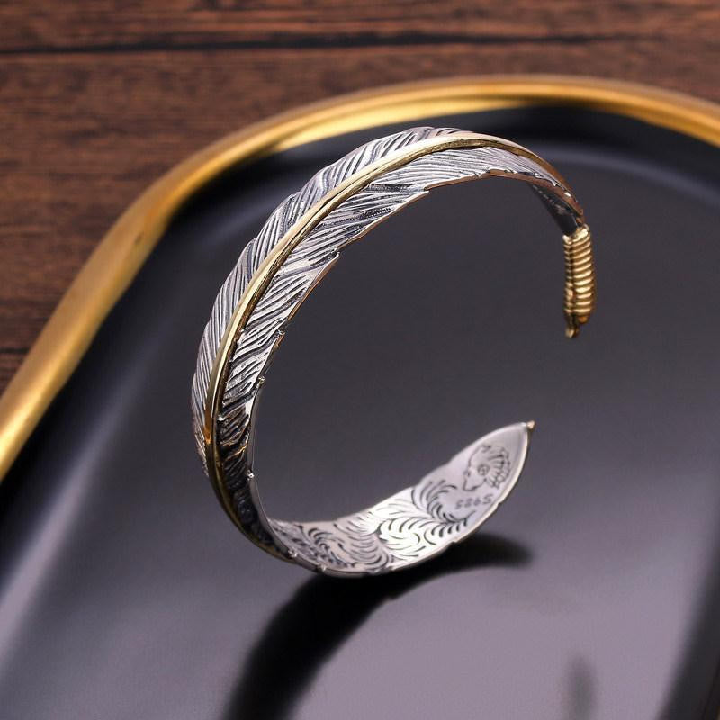Feather Pattern Carved Luck Wealth Cuff Bracelet Bangle