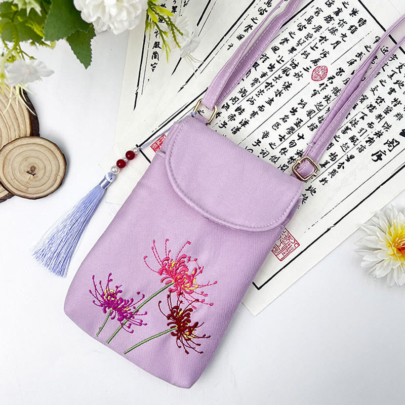 Small Embroidered Flowers Crossbody Bag Shoulder Bag Double Layer Cellphone Bag - Image 29