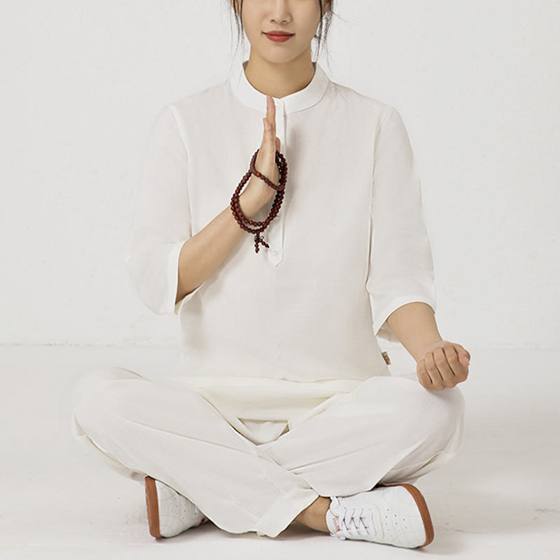 2Pcs Buttons Three Quarter Sleeve Shirt Top Pants Meditation Zen Tai Chi Cotton Linen Clothing Women's Set