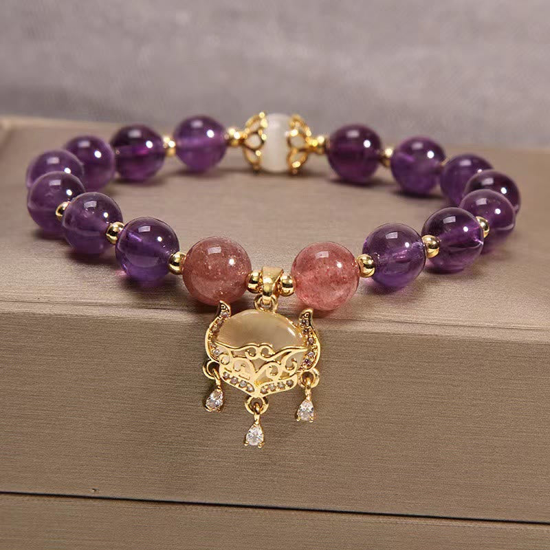 Natural Amethyst Strawberry Quartz Cat Eye Chinese Lock Charm Healing Bracelet