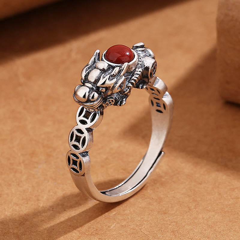 PiXiu Copper Coin Red Agate Wealth Luck Ring