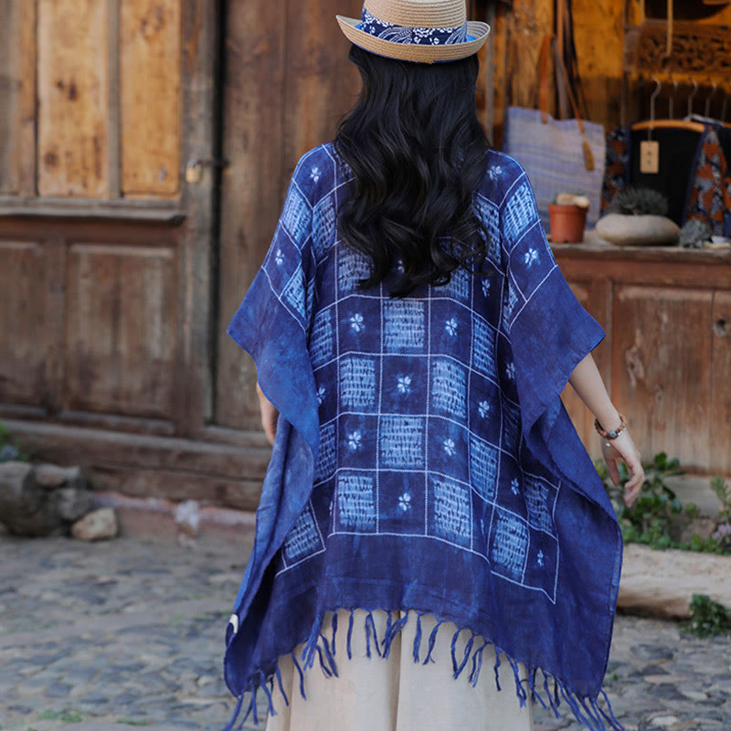 Blue Color Block Plaid Shawl Tassels Soft Pullover 90*95cm - Image 3