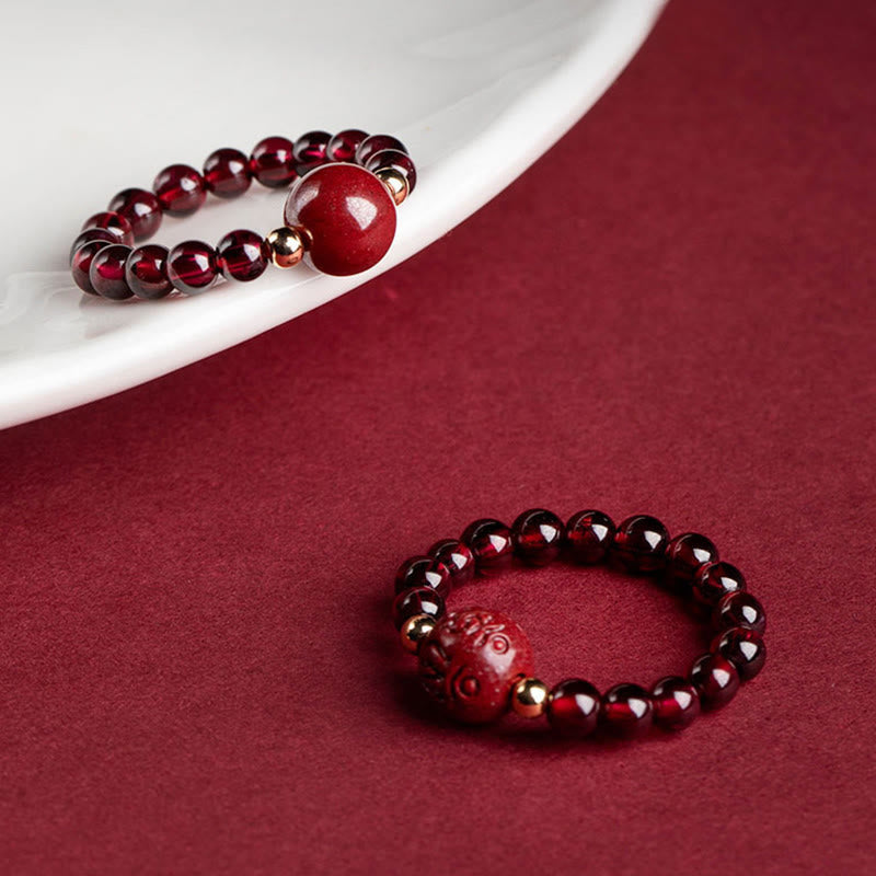 Garnet Cinnabar Lucky Bead PiXiu Om Mani Padme Hum Rose Protection Ring