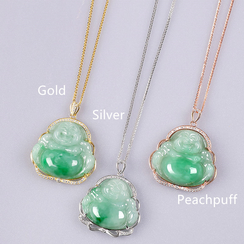 925 Sterling Silver Laughing Buddha Natural Jade Prosperity Necklace Chain Pendant - Image 4