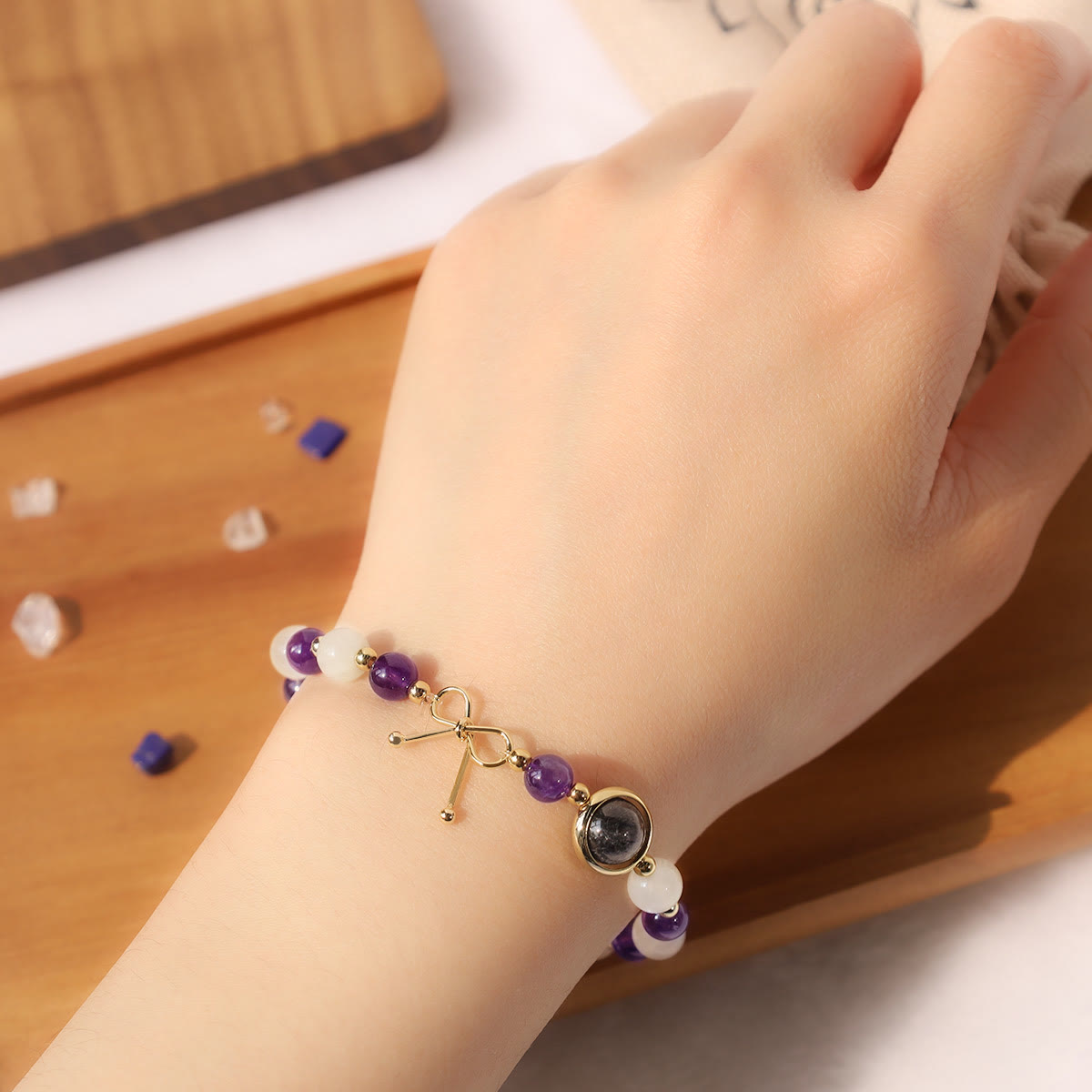 Amethyst Cat Eye Black Rutilated Quartz Spiritual Bead Bracelet - Image 4