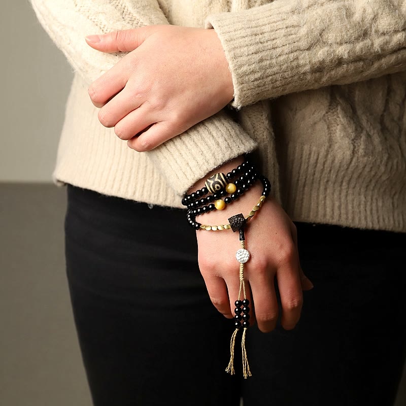 Tibetan 108 Mala Beads Black Onyx Three-eyed Dzi Beads Protection Bracelet - Image 14