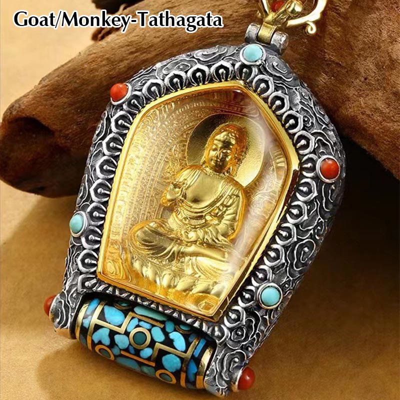 Tibet Chinese Zodiac Natal Buddha Thangka Prosperity Rotatable Dzi Bead Necklace Pendant - Image 9