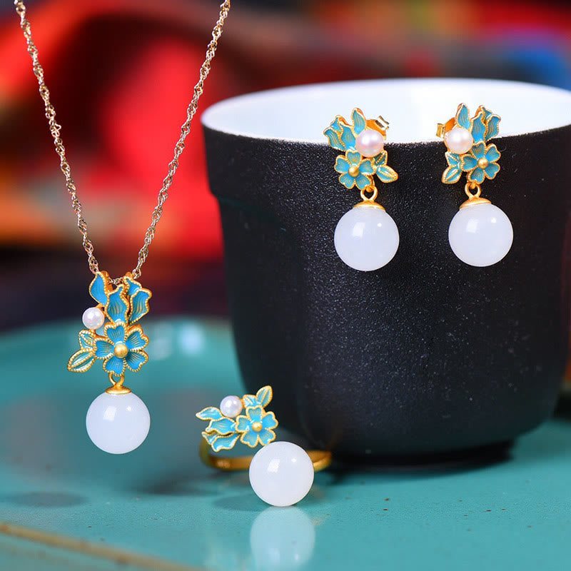 White Jade 925 Sterling Silver Pearl Flower Blessing Necklace Pendant Ring Earrings
