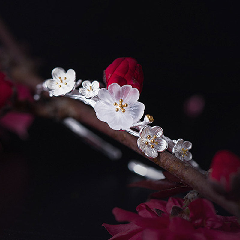 925 Sterling Silver Plum Flower Blessing Bracelet Adjustable Bangle - Image 3