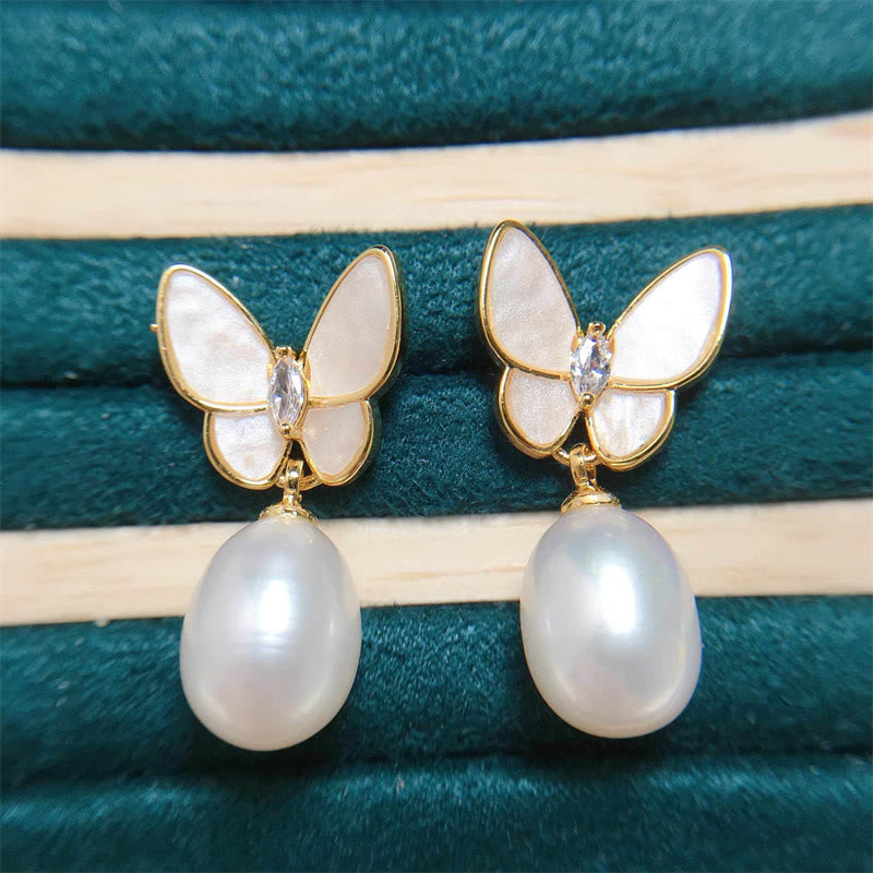 925 Sterling Silver Posts 18K Gold Plated Copper Pearl Butterfly Optimism Stud Earrings