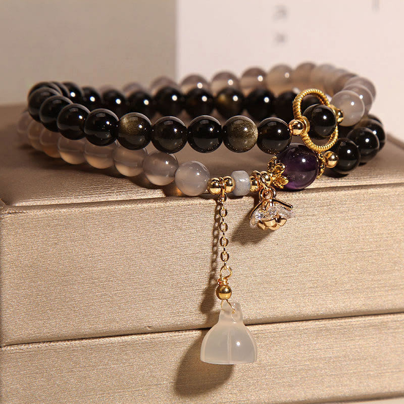 Gold Sheen Obsidian Gray Agate Lotus Charm Strengthen Double Wrap Bracelet - Image 3