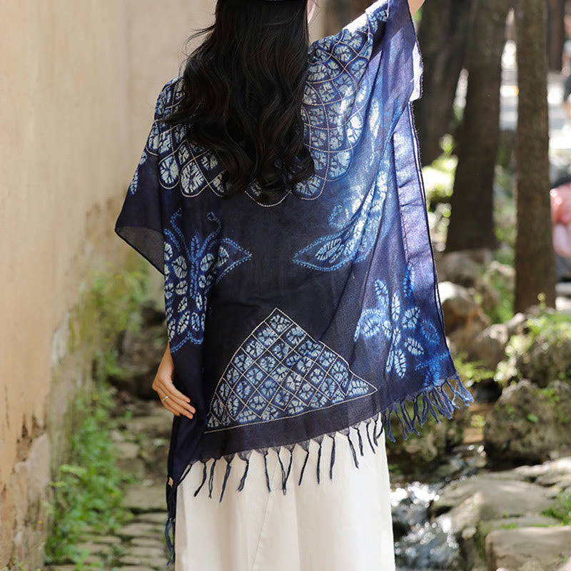 Blue Butterfly Batik Shawl Tassels Cozy Travel Pullover 90*95cm - Image 9