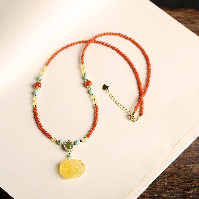 925 Sterling Silver Natural Red Agate Amber Peony Confidence Charm Necklace Pendant - Image 3