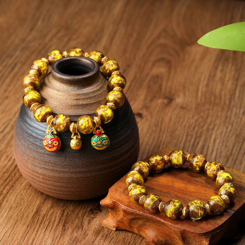 Gold Swallowing Beast Family Charm Liuli Glass Bead Fortune Bracelet - Image 4