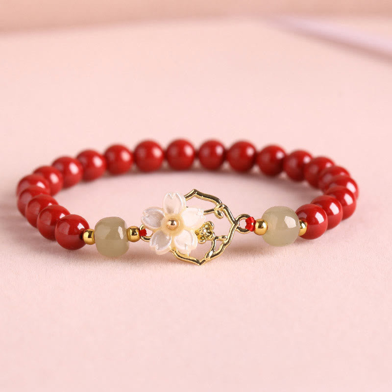 Natural Cinnabar Jade Beaded Tridacna Stone Flower Blessing Bracelet - Image 10
