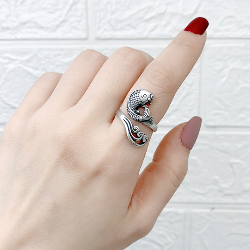 925 Sterling Silver Koi Fish Water Ripple Luck Wealth Ring - Image 13