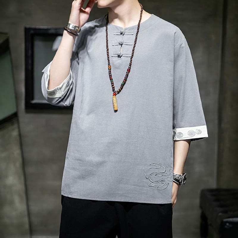 Frog-Button Dragon Embroidery Chinese Tang Suit Three Quarter Sleeve Shirt Cotton Linen Men Clothing - Image 16