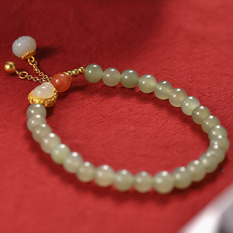 925 Sterling Silver Hetian Jade Gourd Lotus Abundance Luck Bracelet - Image 9