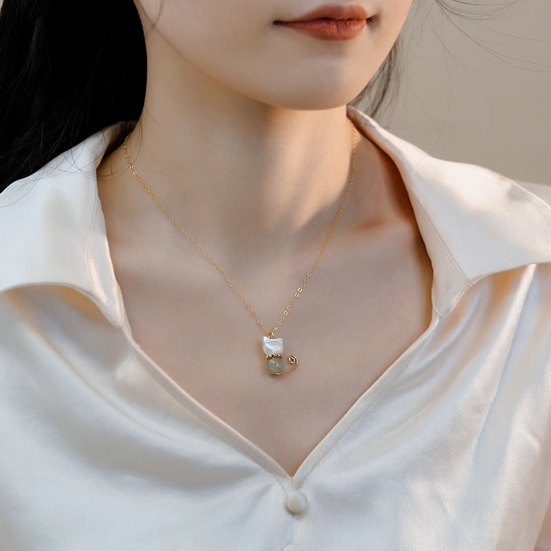 14K Gold Plated Pearl Hetian Jade Shell Luck Cat Kitten Necklace Pendant - Image 7