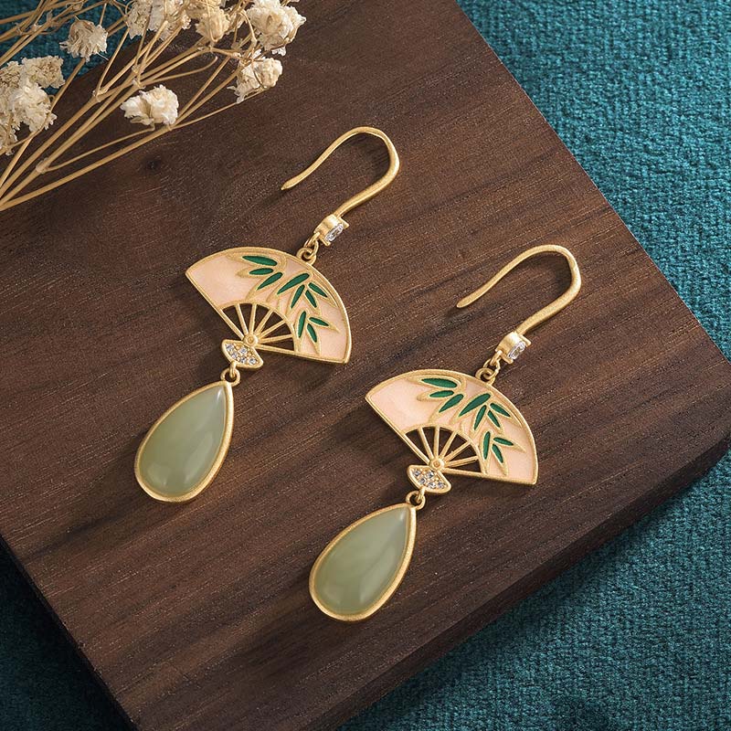 Natural Green Aventurine Fan Pattern Luck Drop Earrings