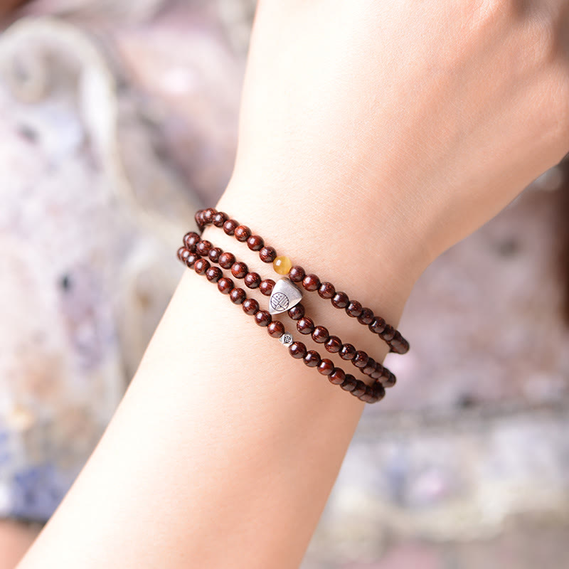 925 Sterling Silver Indian Small Leaf Red Sandalwood Fu Character Protection Triple Wrap Bracelet - Image 5
